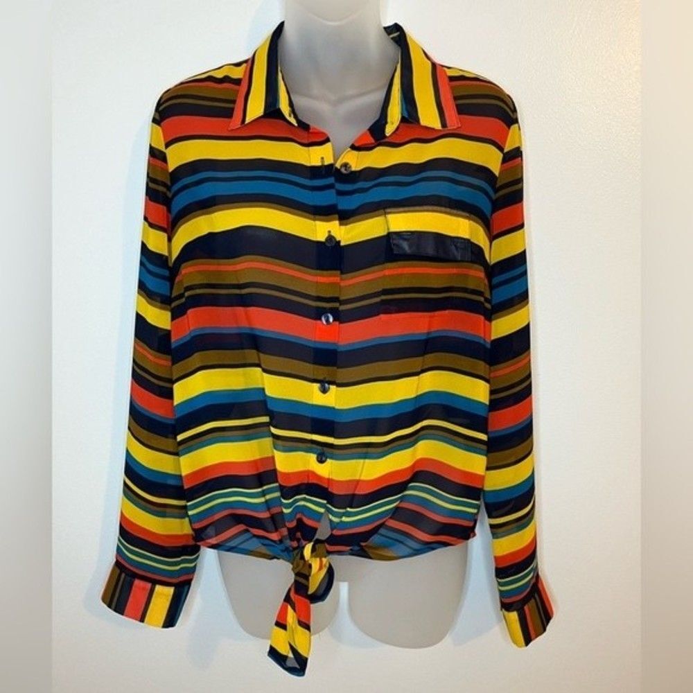 Mine Multicolor Striped Tie Front Long Sleeve Sheer Top Size Medium